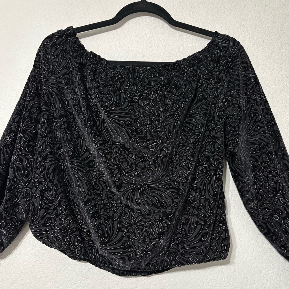Anama Black Velvet Burnout Floral, Off Shoulder. Elastic Waist and Cuffs, Lined